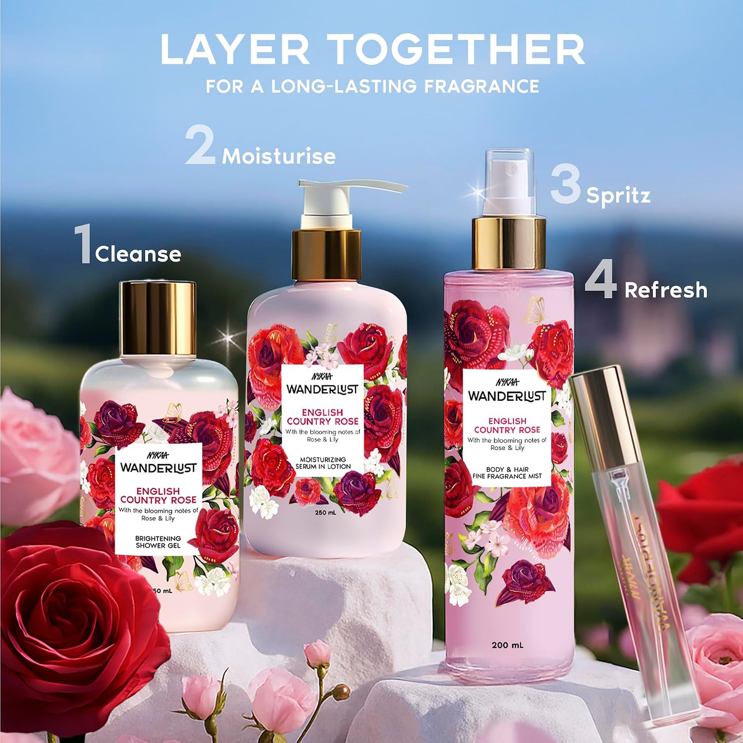 Nykaa Wanderlust English Country Rose Body Wash for Women | Hydrating & Barrier Repair with Vitamin E & Glycerine | Gentle Cleanser for Nourished, Refreshing Skin | 250ml | Paraben-Free & Vegan