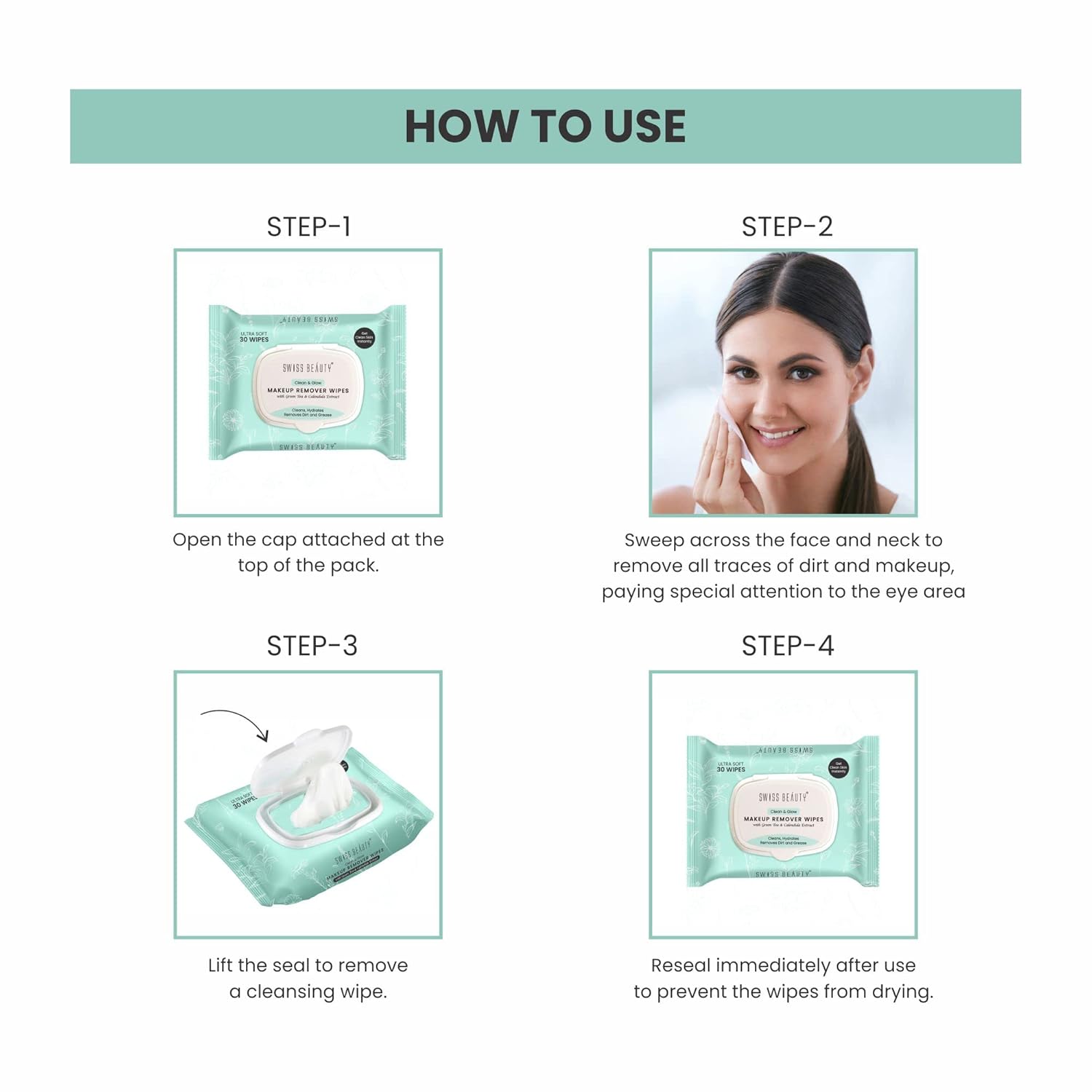 Swiss Beauty Clean & Glow Makeup Remover Wipes | With Green Tea And Calendula Extracts| Cleansing And Hydrating Facial Wipes| 30 Wipes