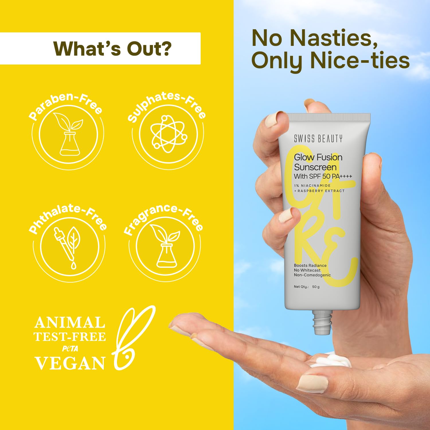 Swiss Beauty Care Glow Fusion Sunscreen SPF50 PA++++ | 1% Niacinamide & Raspberry Extract | Boosts Radiance | Fights Premature Signs Of Aging | 50gm