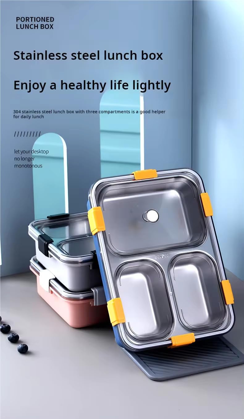 3-Compartment Stainless Steel Lunch Box for - Leakproof, Airtight Tiffin Box, 750ml, Pack of 1 (Blue) | Portion Control & Travel-Friendly