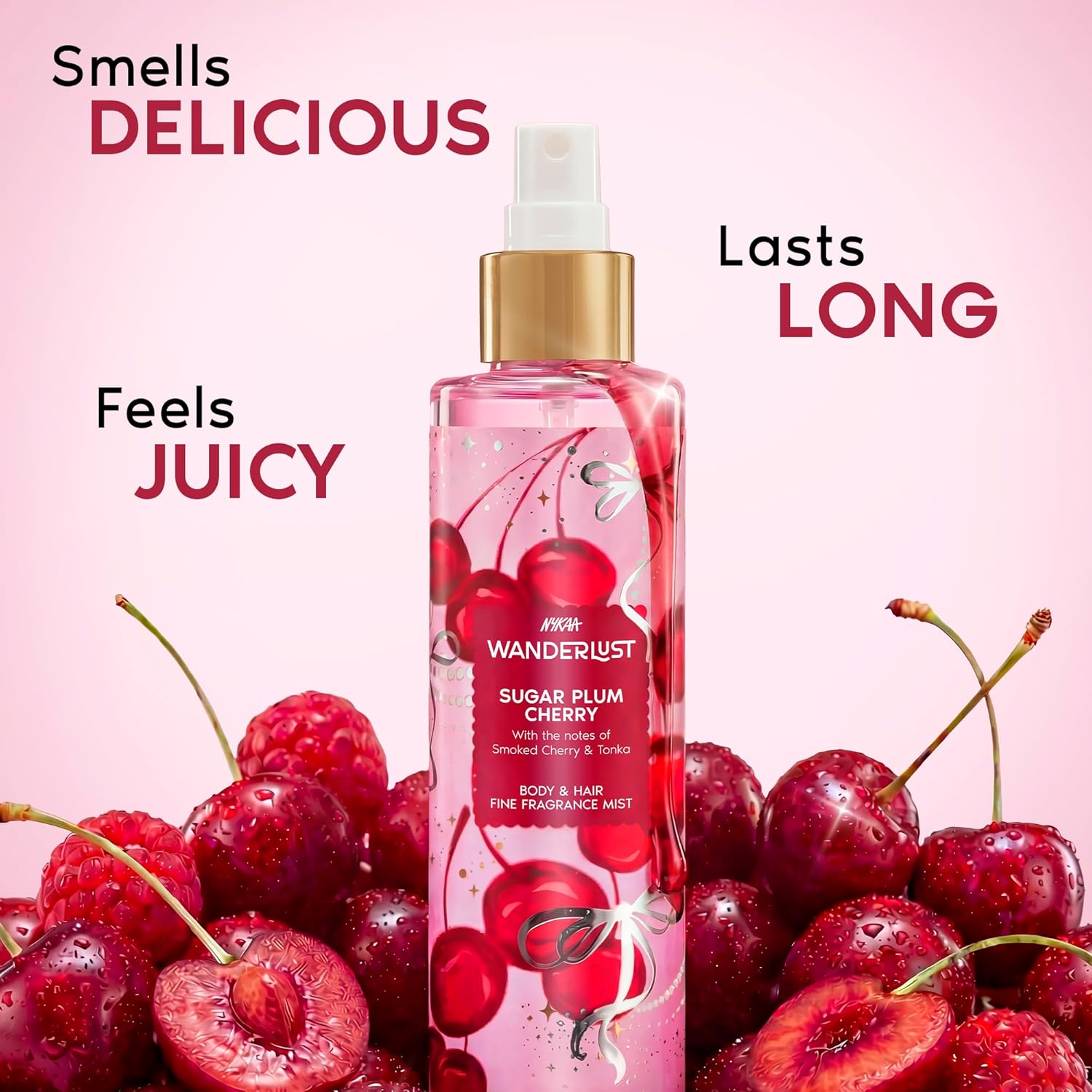 Nykaa Wanderlust Sugar Plum Cherry Body & Hair Fine Fragrance I Perfume Mist for Women – 200 ml I Cherry & Raspberry |