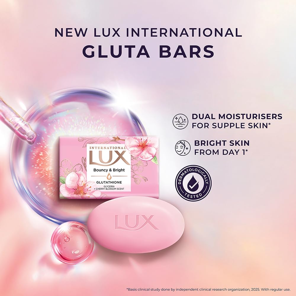 LUX International Bouncy & Bright Bathing Soap, 4 x 130g, LUXURIOUS BATHING EXPERIENCE, for Hydrated & Radiant Skin, with Glutathione & Glycerin, Improves Skin Texture, Cherry Blossom Fragrance
