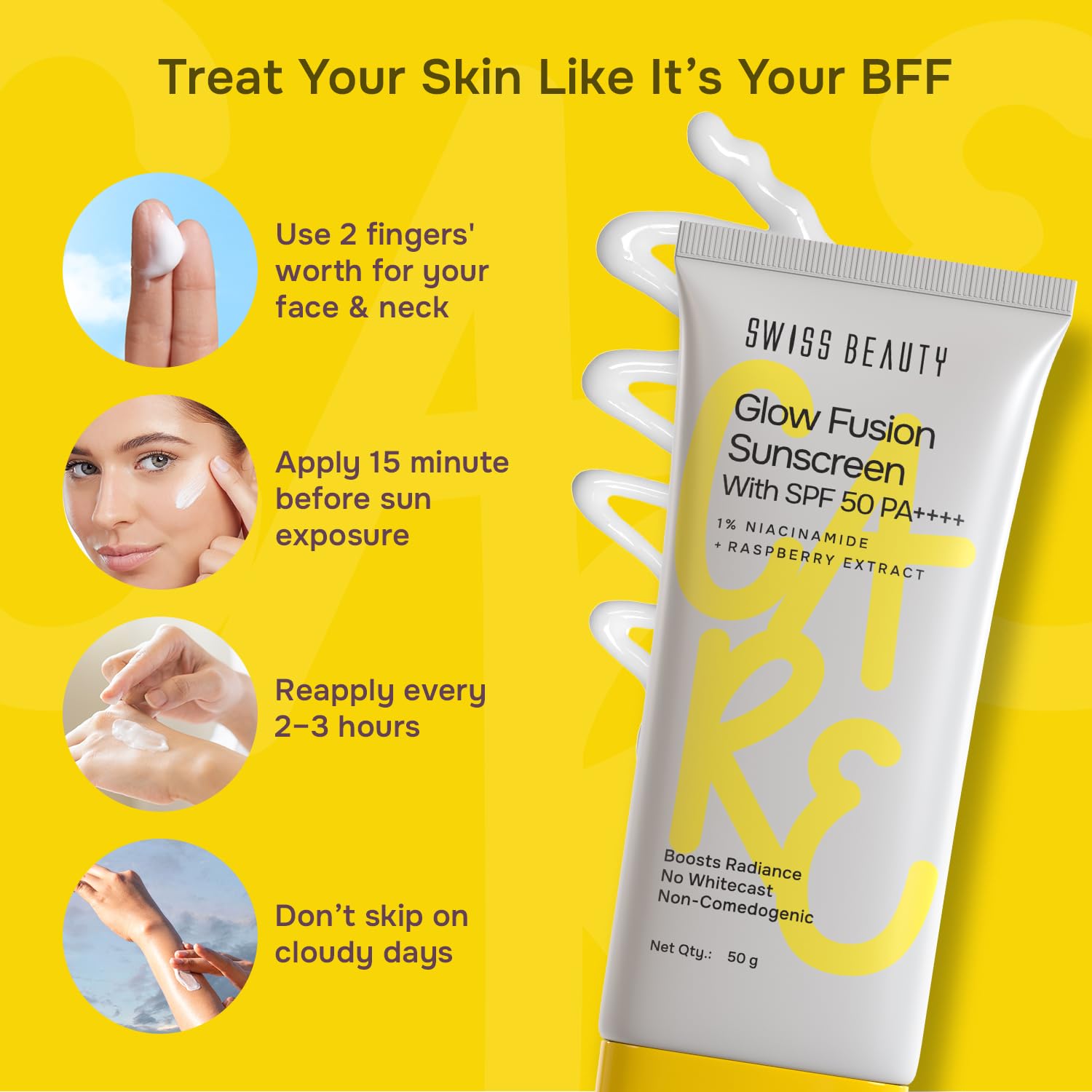 Swiss Beauty Care Glow Fusion Sunscreen SPF50 PA++++ | 1% Niacinamide & Raspberry Extract | Boosts Radiance | Fights Premature Signs Of Aging | 50gm