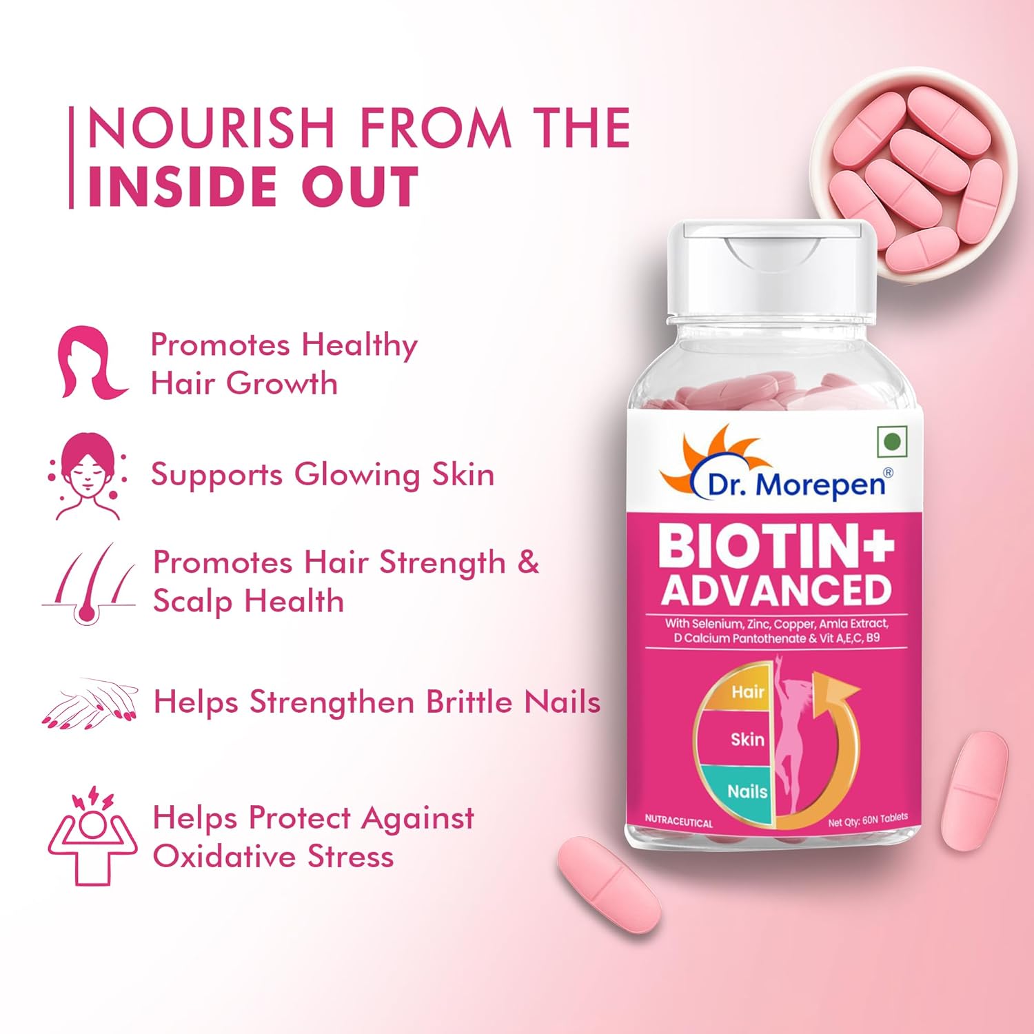 Dr. Morepen Biotin+ Tablet 60 Tablets For Healthy Hair, Skin & Nails, Weight management