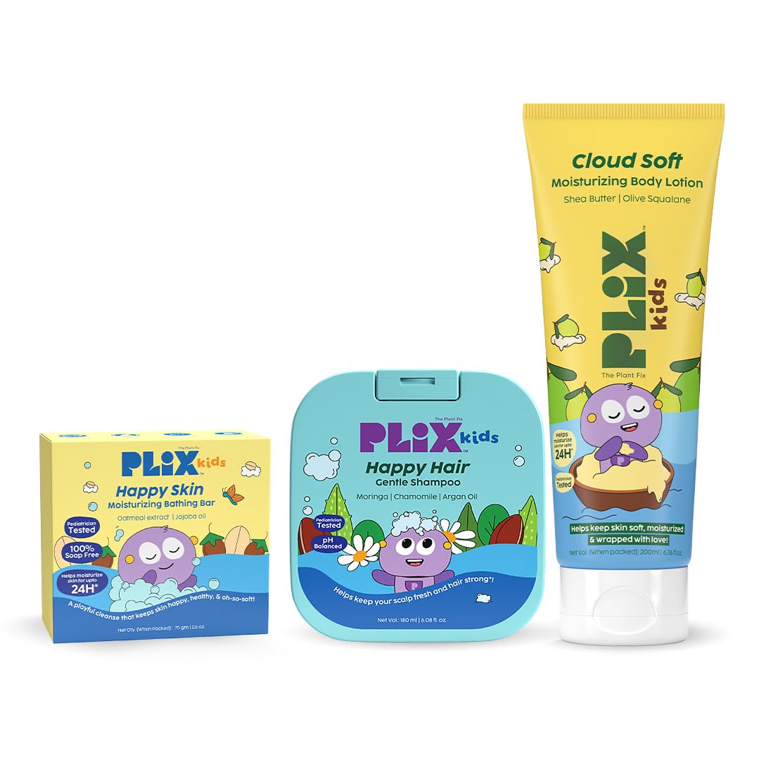 PLIX THE PLANT FIX Kids™ Cloud Soft Body Lotion, Happy Skin Moisturizing Bathing Bar & Happy Hair Gentle Shampoo | Gentle Cleansing, Deep Hydration & Nourishment | Pediatrician Approved | For Kids 2-6 Years