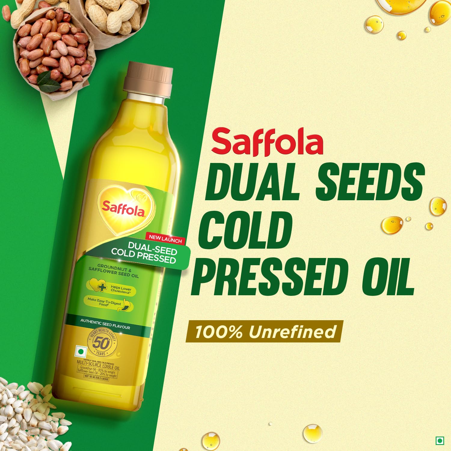 Saffola Cold Pressed Oil, Goodness of 2 - Groundnut & Safflower | Helps Lower Cholesterol, Make Easy-To-Digest Food | 1L Pet Bottle