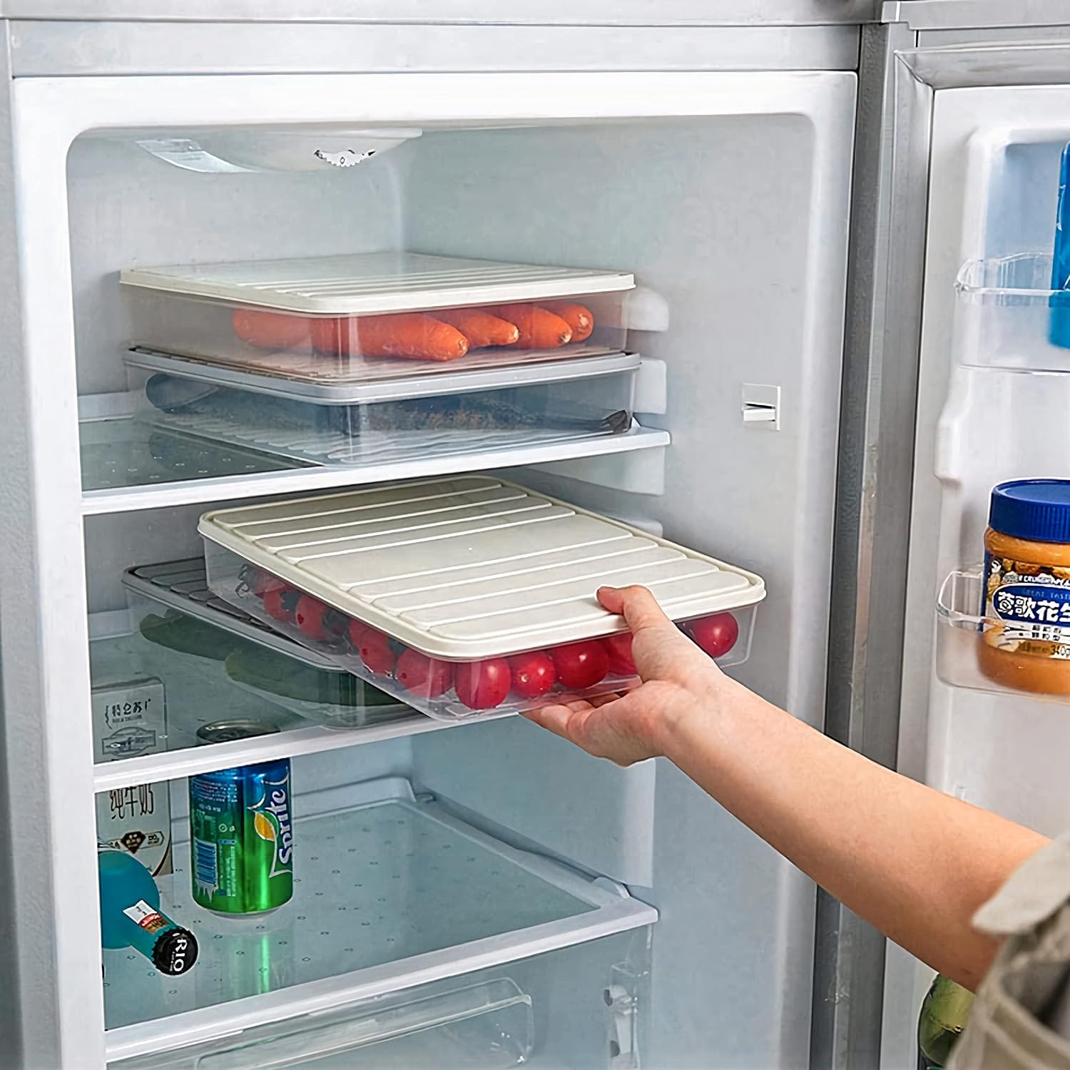 SMART SEAL Fridge Storage Container For Food,Set Of 3(1 Pcs 2500Ml,2 Pcs 1200Ml)Transparent Plastic Storage Box With Lid,Fridge Organizer Set,Freezer Container For Storing Fish,Vegetable(White)Beige