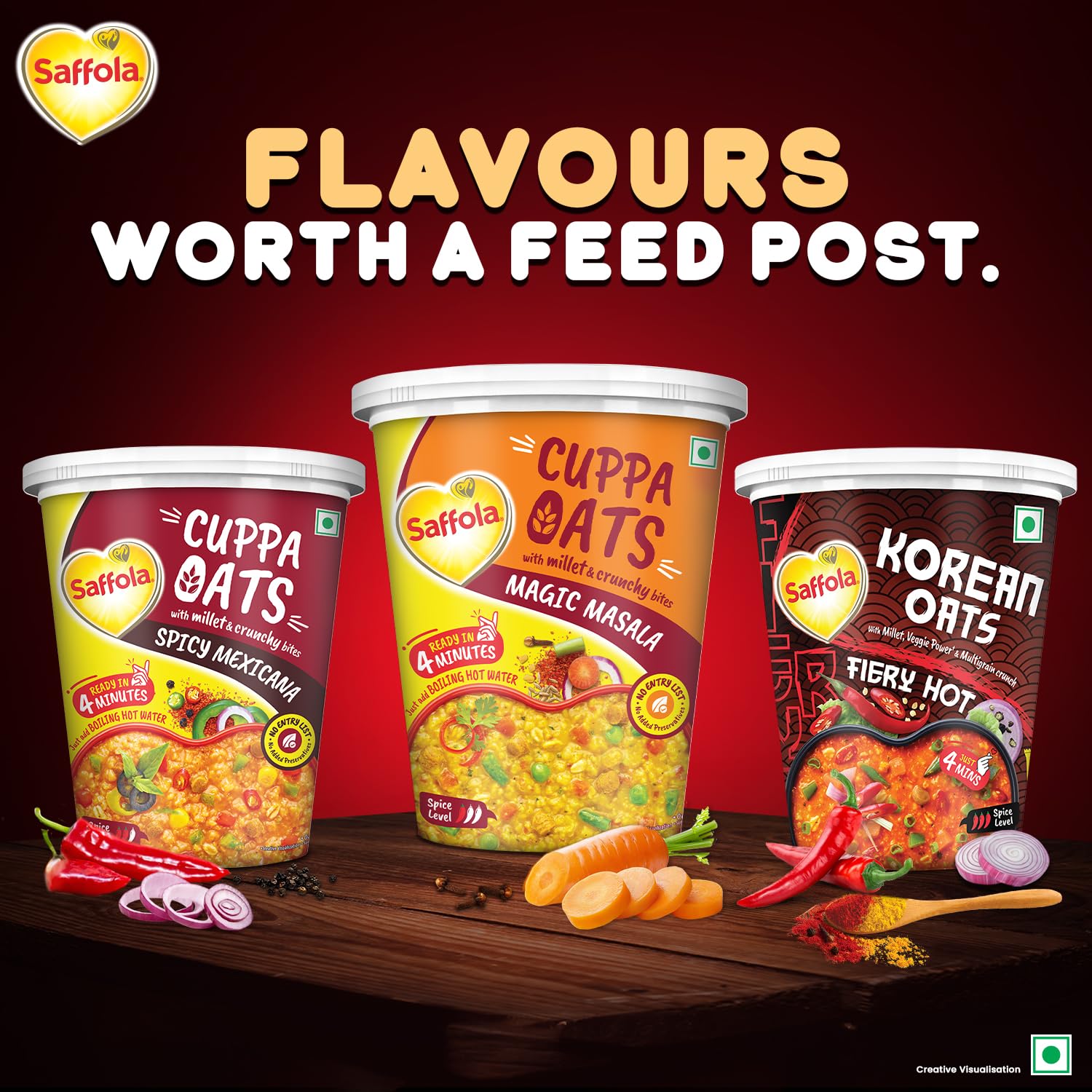 Saffola Korean Cuppa Oats, Fiery Hot, with chilli dressing sachet, No added preservatives, Ready in 4 mins, 56g (Pack of 2)