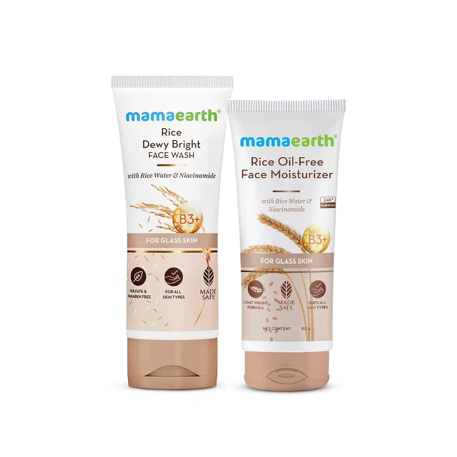 Mamaearth Rice Face Wash - 100 ml & Oil-Free Moisturizer Combo For Glass Skin - 80 gm - combo