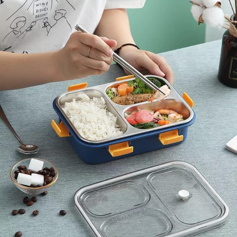 3-Compartment Stainless Steel Lunch Box for - Leakproof, Airtight Tiffin Box, 750ml, Pack of 1 (Blue) | Portion Control & Travel-Friendly