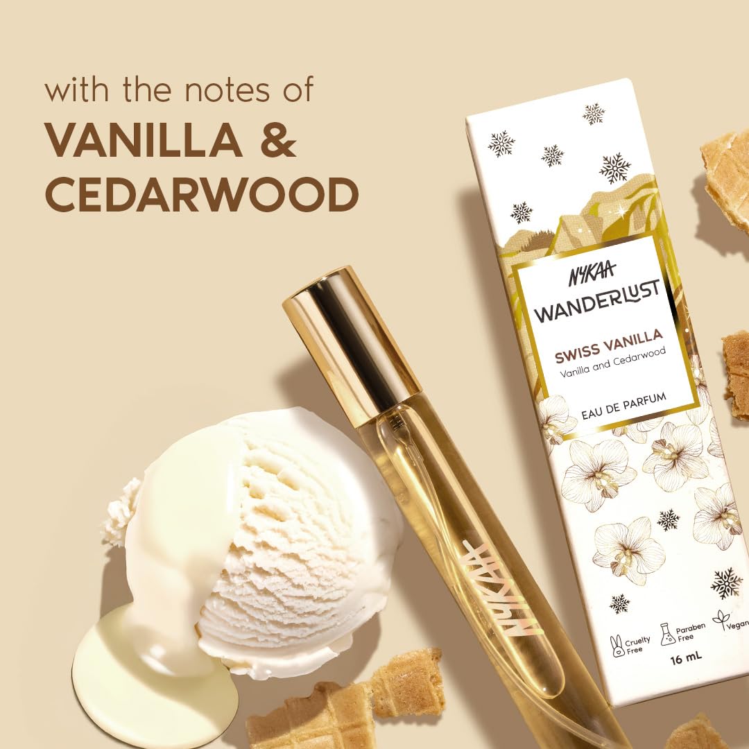 Nykaa Wanderlust Swiss Vanilla Eau De Parfum, Warm Vanilla and Cedarwood Fragrance, Long Lasting Scent, Travel Friendly, Vegan and Cruelty Free, 16ml