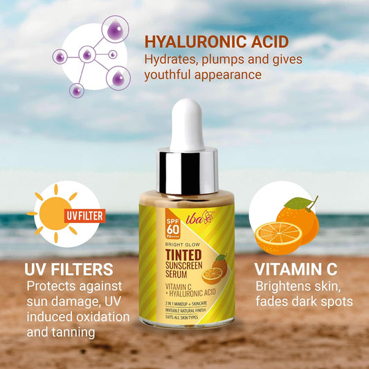 Iba Bright Glow Tinted Sunscreen Serum for All Skin Types SPF 60 PA++++ with Hyaluronic Acid & Vitamin C, 30ml