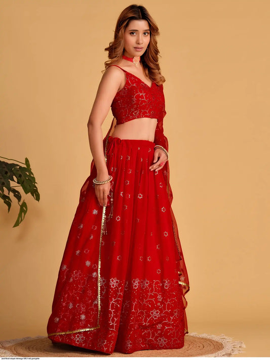 ZEEL FLORAL SEQUIN LEHENGA 5063 RED GEORGETTE