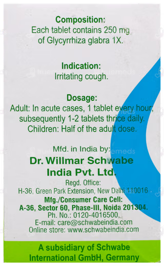 Dr Willmar Schwabe India Homoeopathic Glycyrrhiza Glabra 1X Tablets (20gm) for Allergic Rhinitis Cough