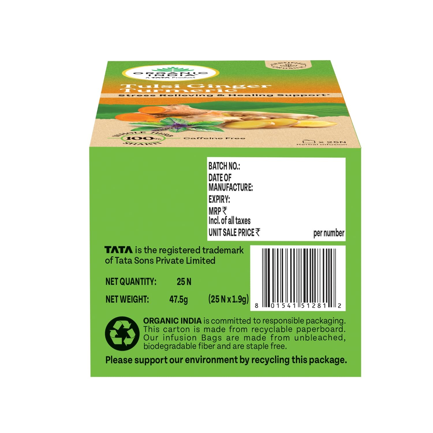 Organic India Tulsi Ginger Turmeric Tea 25 tea bags for improves immunity, boost metabolism, enhances stamina, cold, cough