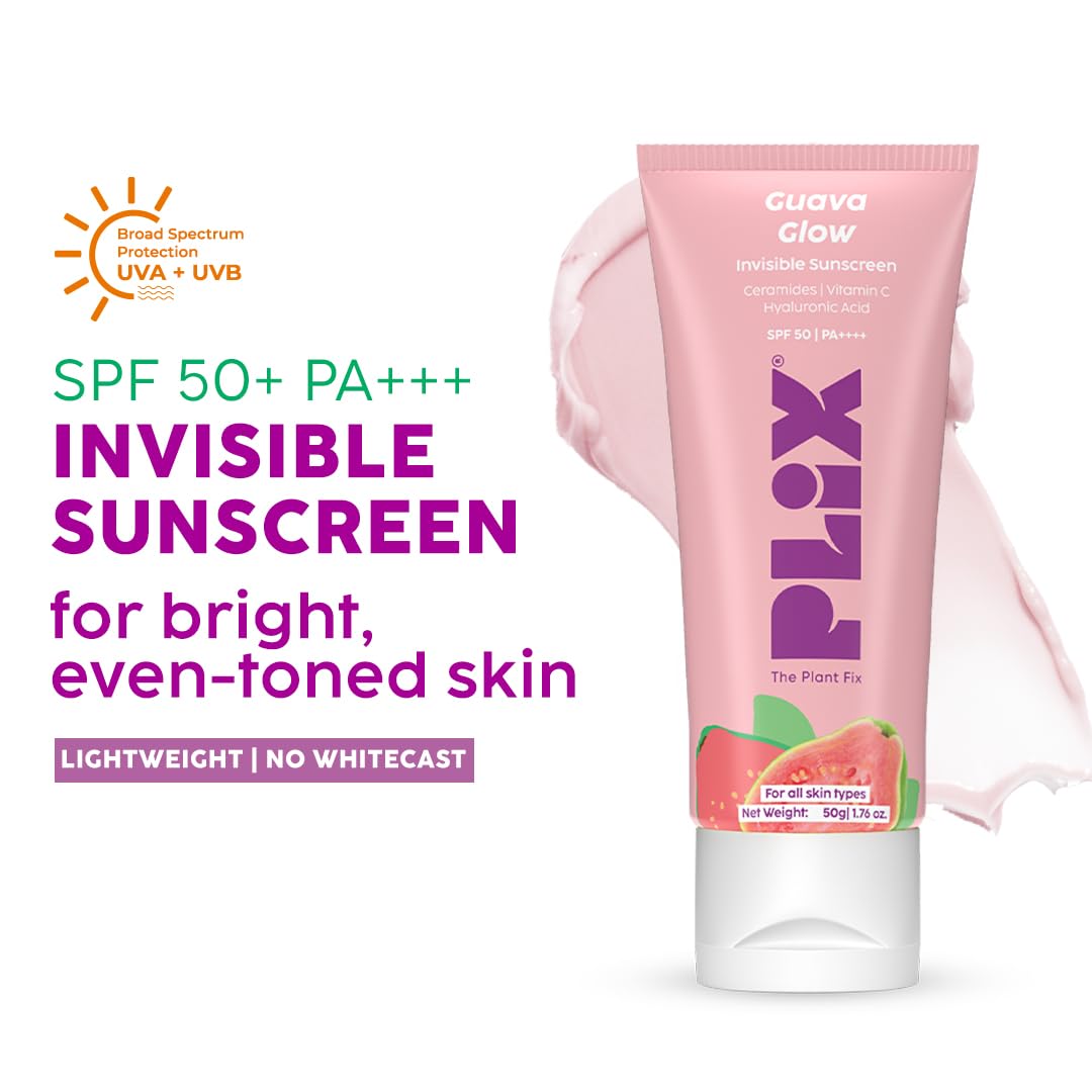The Plant Fix Plix Spf 50+ Guava Glow Invisible Sunscreen For All Skin Type With Pa +++|For Uv A,Uv B&Blue Light Protection With Ceramides,Vitamin C&Hyaluronic Acid|No White Cast,Cruelty-Free|50 G