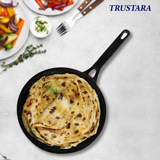 Pre-Seasoned Cast Iron Roti, Chapati Tawa, Dosa Tawa with Handle, Dosa Kallu,Tawa Pan, Cast Cookware, Toxin-Free, No Chemical Coating, Black -(26cm/10inch)-A3