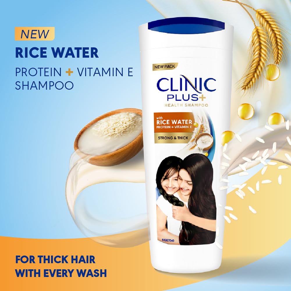 Clinic Plus Strong & Thick Shampoo with Rice Water, Protein + Vitamin E for Hair Strengthening, Breakage Reduction and Thicker Hair,355 ml.