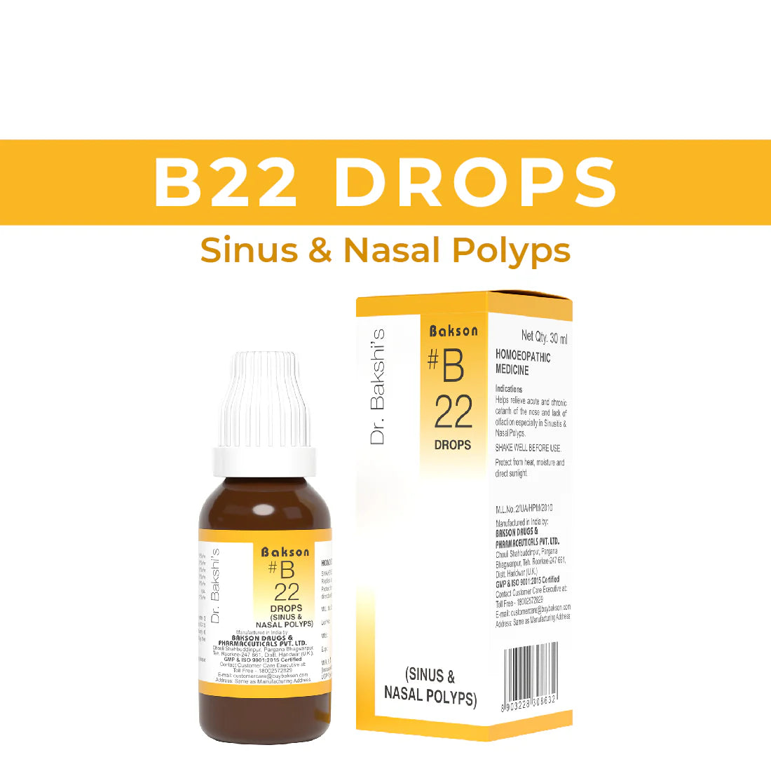 Bakson B22 Sinus Drops (30ml) For sinusitis, congestion, headache, Sneezing, blocked nose, cheek pain