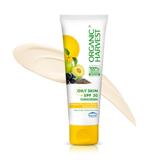 Organic Harvest Sunscreen SPF 30 with Blue Light Technology, Protects From Harmful UVA & UVB Rays, PA+++, Hydrates & Nourishes Skin, For Oily Skin, 100% American Certified Organic, Sulphate & Paraben Free - 100gm