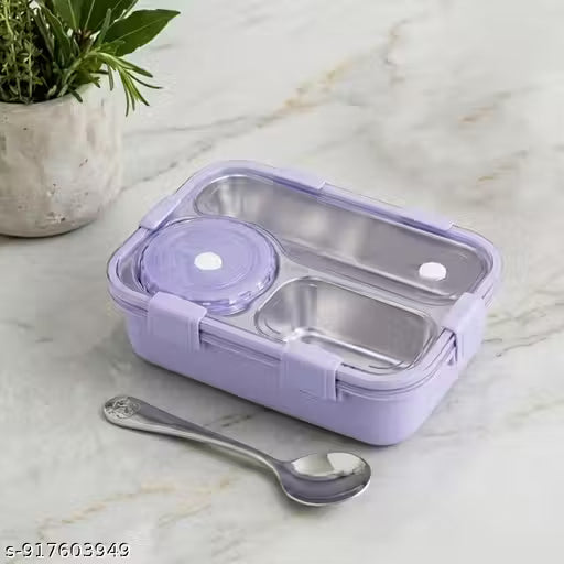 Bento Lunch Box Insulated Air Tight Portable Lunch Box with Spoon, Stainless Steel Lunch Box with Containers, Steel Bento Box for Kids, Adults, Men, Women - 750 ML (Purple)