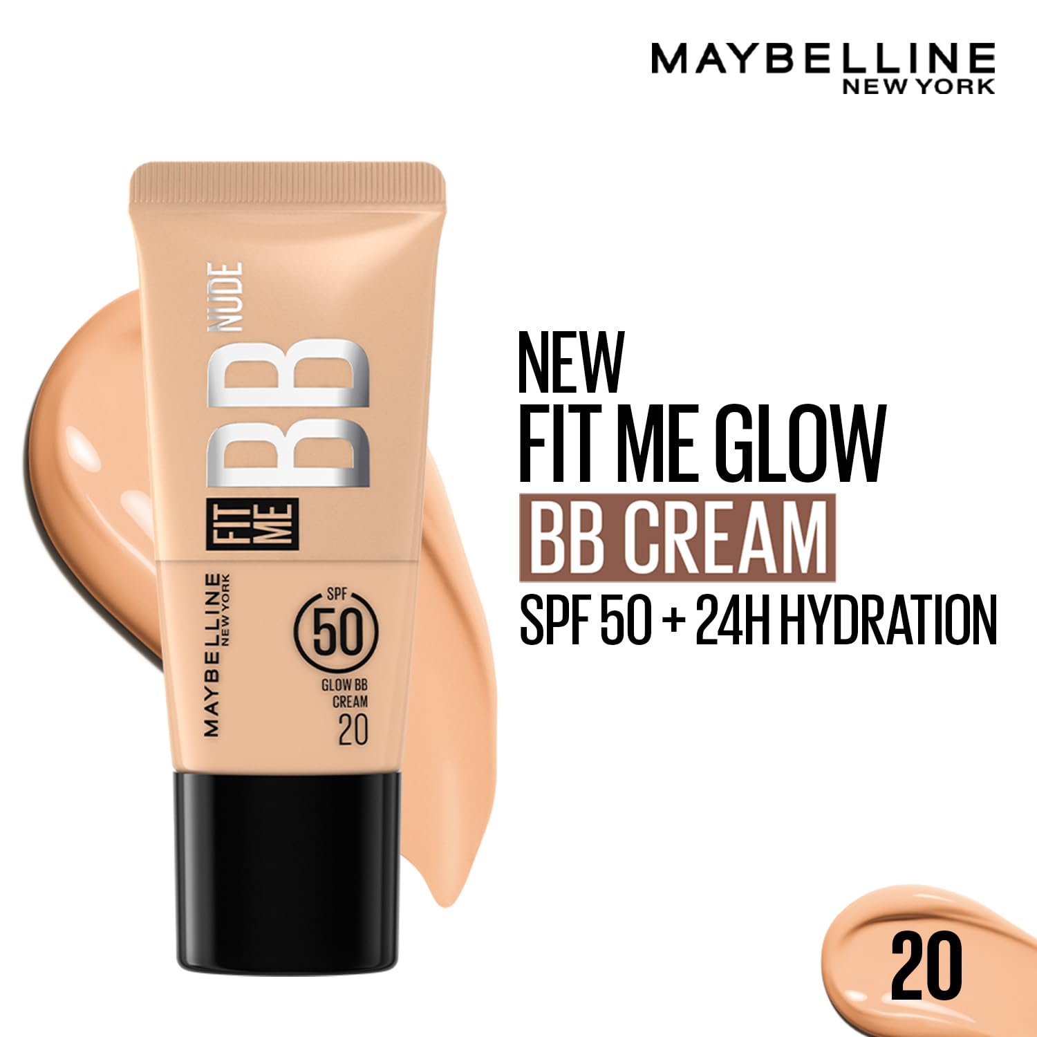 Maybelline New York Fit Me Glow BB Cream, SPF 50 + 24H Hydration With Niacinamide & Hyaluronic Acid, Dewy Finish for Normal to Dry Skin- Shade 20, 25ml