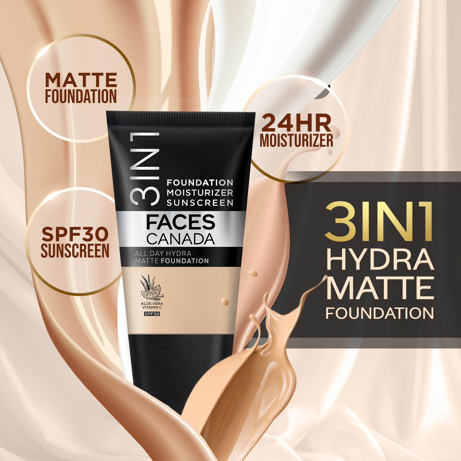 ACES CANADA All Day Hydra Matte Foundation - Mini | 3in1 Foundation + Moisturizer + SPF 30 | 24 HR Aloe Hydration & Vitamin C | 10HR Wear | Medium to High Buildable Coverage | Caramel Natural (18 ml)