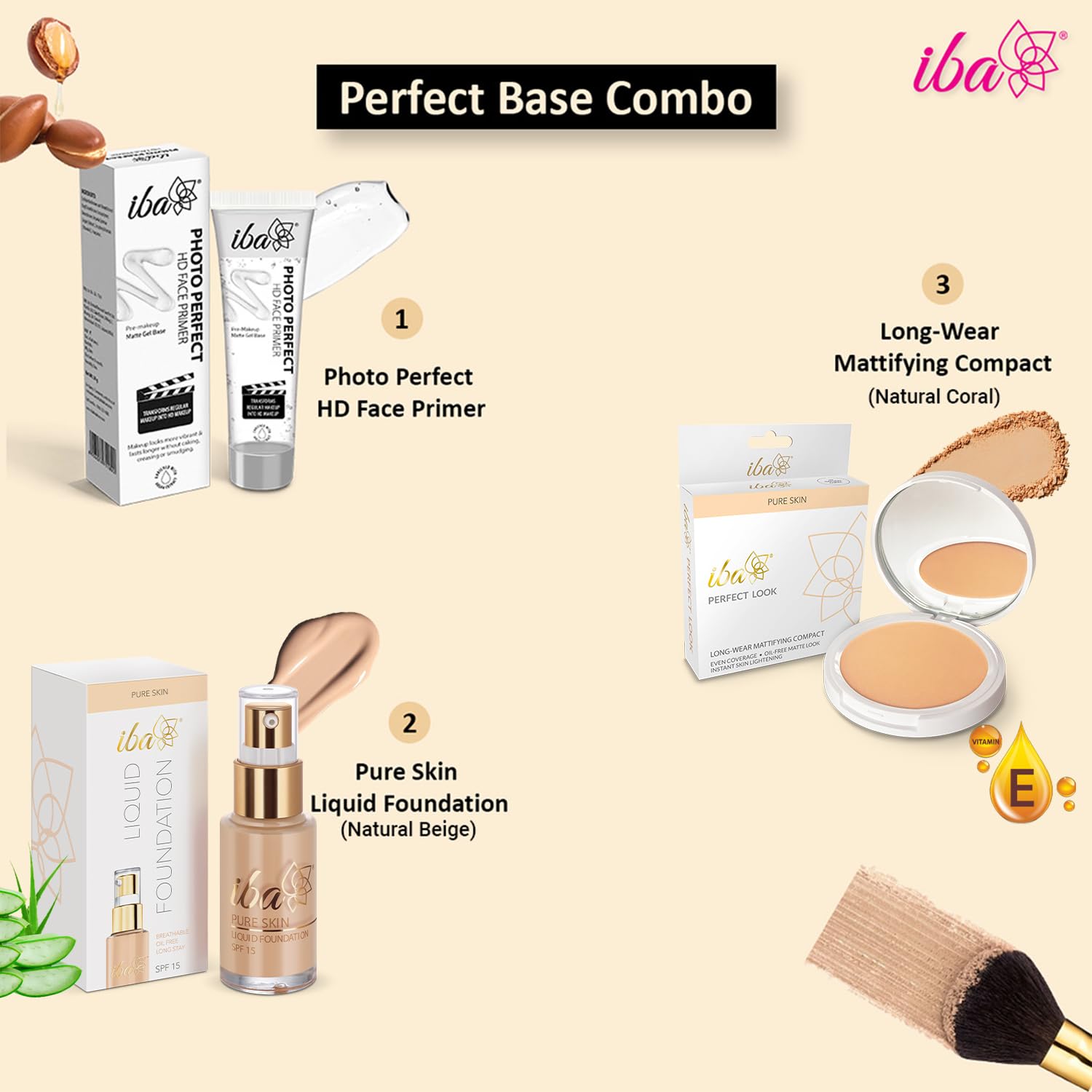 Iba Primer + Foundation + Compact Base Combo - Natural Beige | Long Lasting, Full Coverage Base Makeup