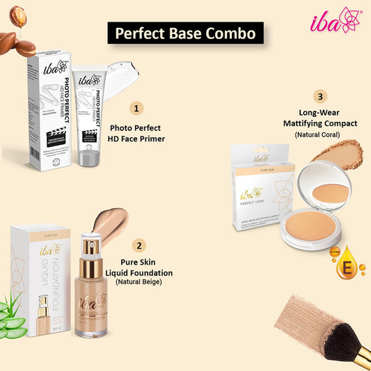 Iba Primer + Foundation + Compact Base Combo - Natural Beige | Long Lasting, Full Coverage Base Makeup