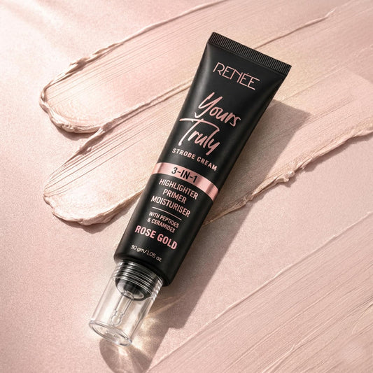 RENEE Yours Truly Strobe Cream for Face | 3 in 1 Highlighter Primer Moisturiser | Glow Cream, Lightweight, Non Sticky | Hydrating Dewy Skin Finish With Peptides | For All Skin Types | Rose Gold - 30g