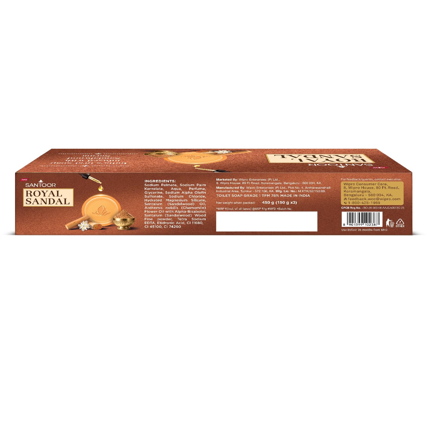 Santoor Royal Sandal Soap | Infused with Sandalwood Serum | Tan Removal | 100% Pure Sandalwood Oil & Powder | Helps Reduce Tan for Even-Toned, Glowing Skin | 150g x 3 Soaps