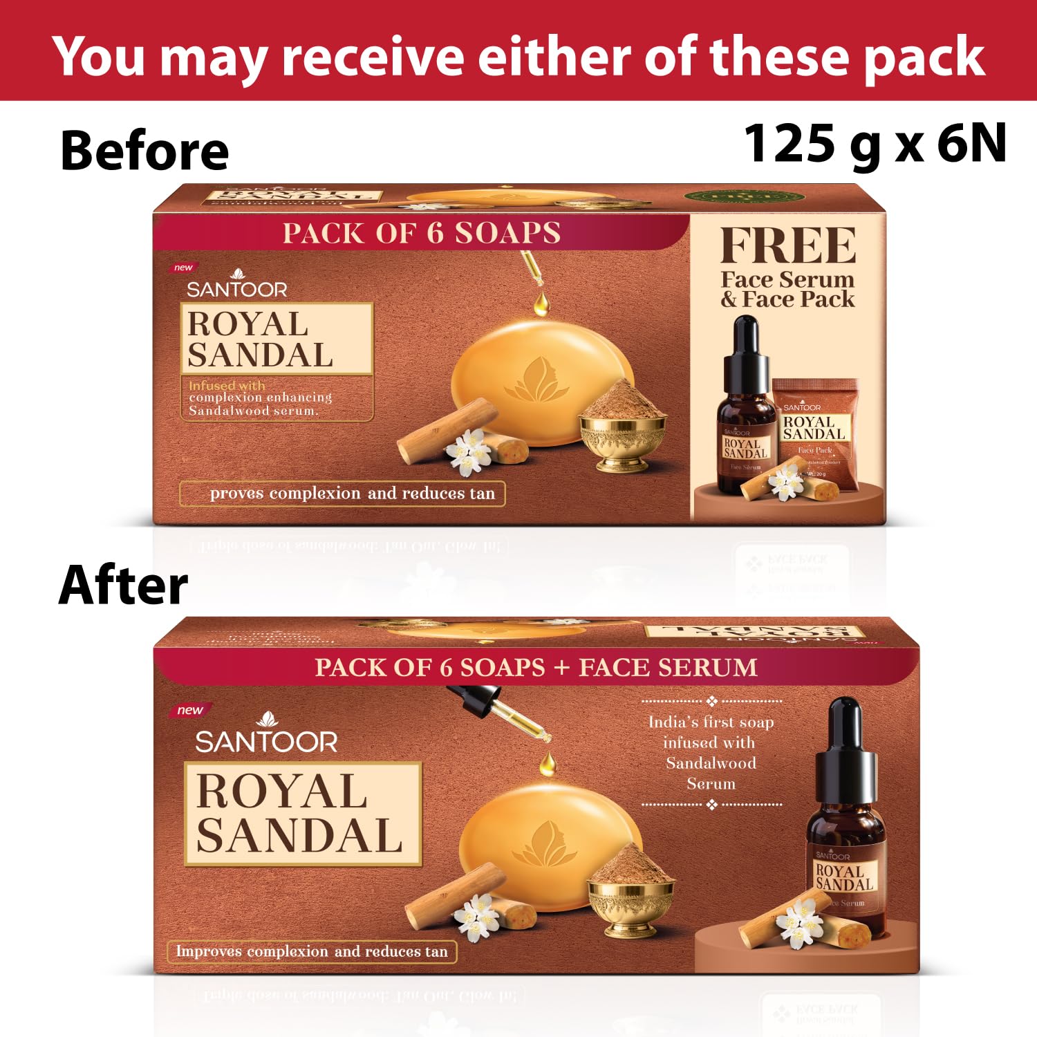 Santoor Royal Sandal Soap & Face Serum | Infused with Sandalwood Serum | Tan Removal | 100% Pure Sandalwood Oil & Powder | Helps Reduce Tan for Even-Toned, Glowing Skin | 125g x 6 Soaps + 15ml Serum