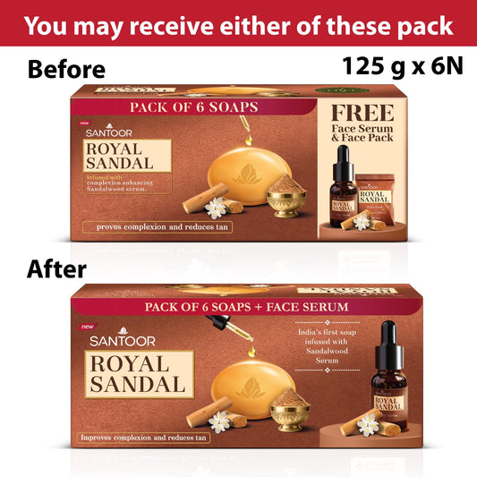 Santoor Royal Sandal Soap & Face Serum | Infused with Sandalwood Serum | Tan Removal | 100% Pure Sandalwood Oil & Powder | Helps Reduce Tan for Even-Toned, Glowing Skin | 125g x 6 Soaps + 15ml Serum