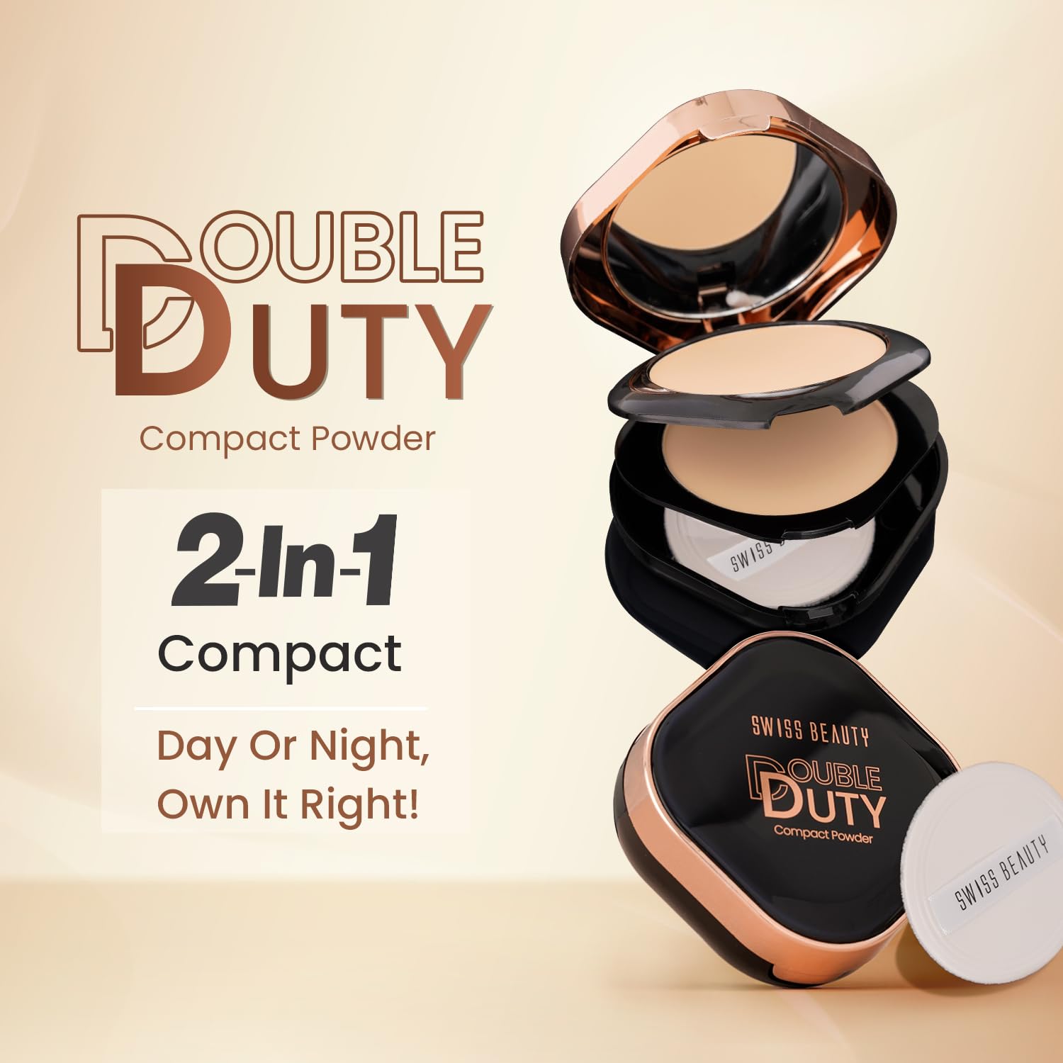 Swiss Beauty Double Duty Compact Powder | 2-in-1 Compact for Day to Night | Buildable Coverage | With Vitamin E & Hyaluronic Acid | 18g, Shade- 4. Amber Dusk/Radiant Dusk