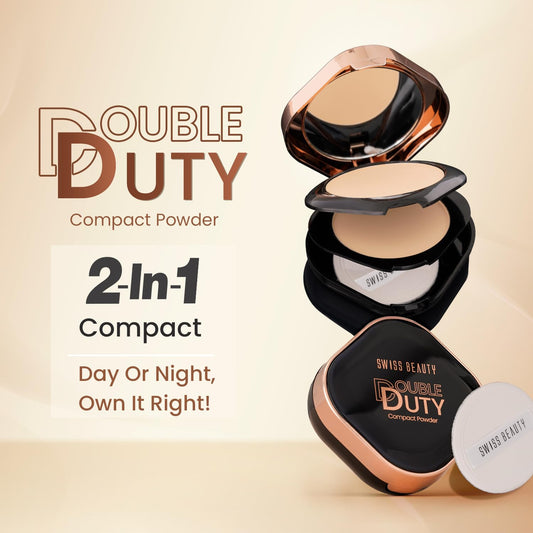 Swiss Beauty Double Duty Compact Powder | 2-in-1 Compact for Day to Night | Buildable Coverage | With Vitamin E & Hyaluronic Acid | 18g, Shade- 4. Amber Dusk/Radiant Dusk