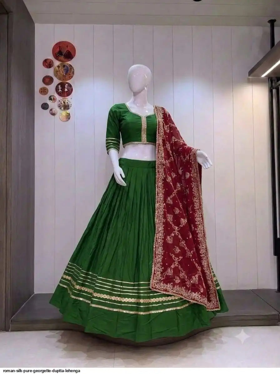 ROMAN SILK PURE GEORGETTE DUPTTA LEHENGA SIZE L