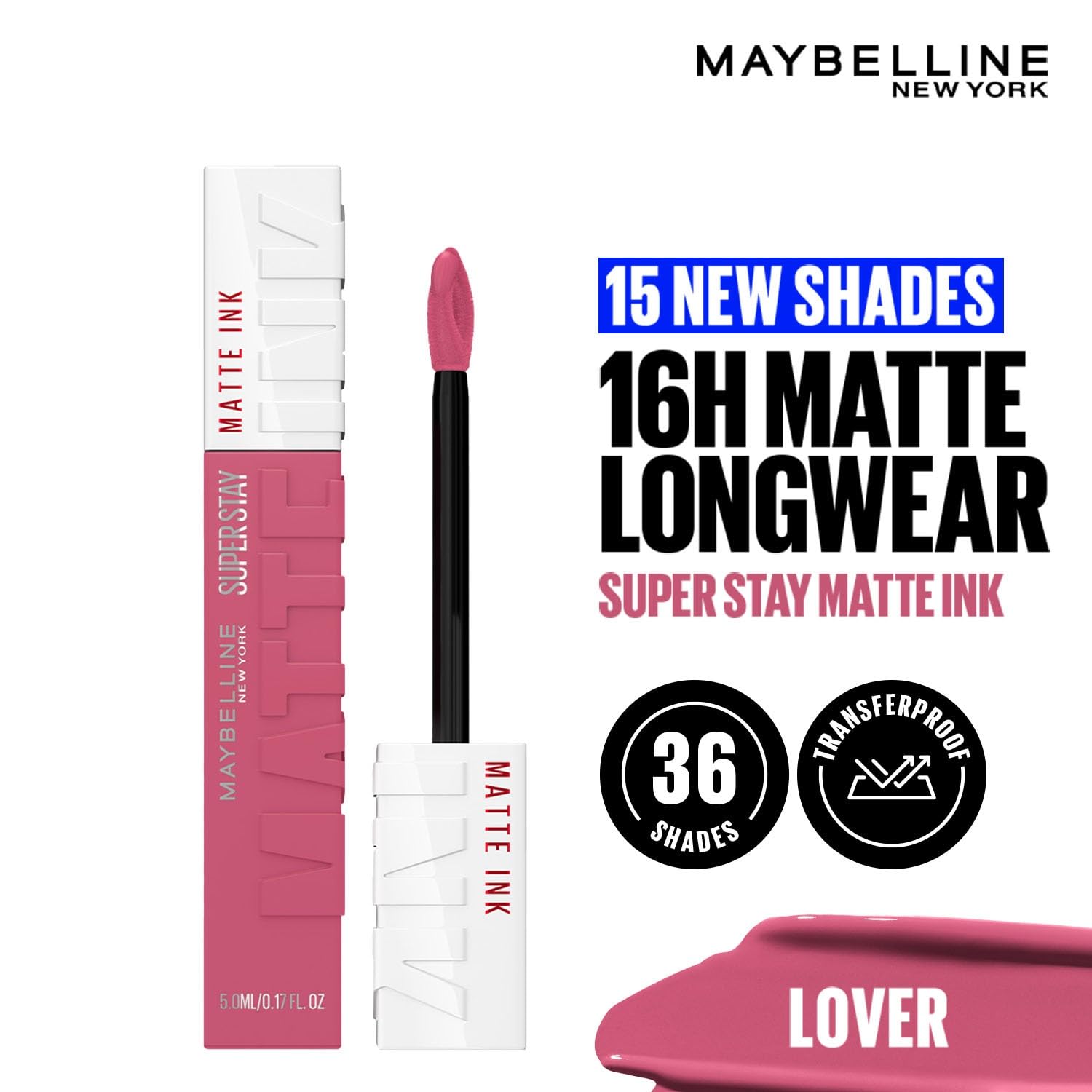 Maybelline New York SuperStay Matte Ink Liquid Lipstick - 15 Lover, Highly pigmented, Transfer Proof & Fade Proof. Maybelline New York SuperStay Matte Ink Liquid Lipstick Lasts Up To 16 Hour | 5ml