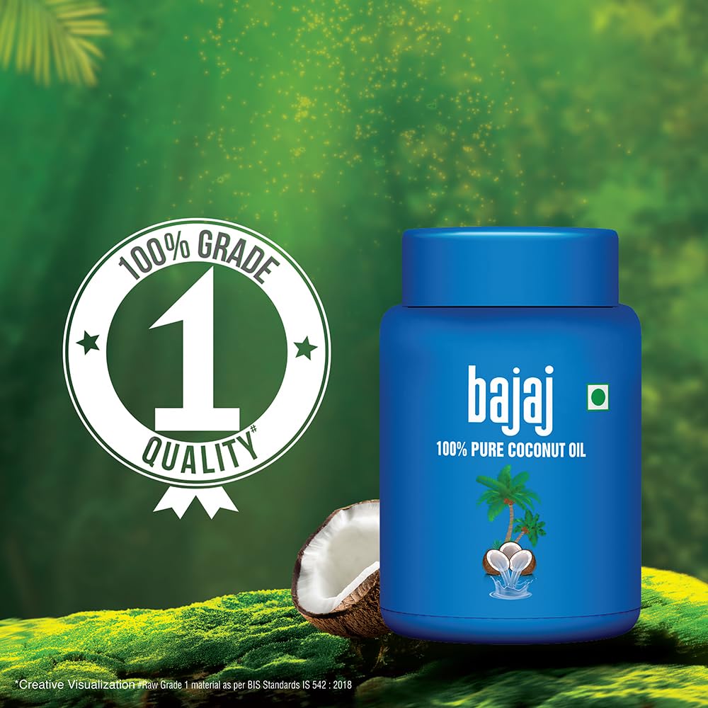 Bajaj 100% Pure Coconut Oil 600ml Wide Mouth Jar | Made with Premium Grade 1 Quality Coconuts.