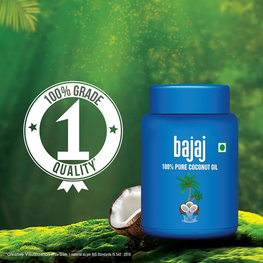 Bajaj 100% Pure Coconut Oil 600ml Wide Mouth Jar | Made with Premium Grade 1 Quality Coconuts.