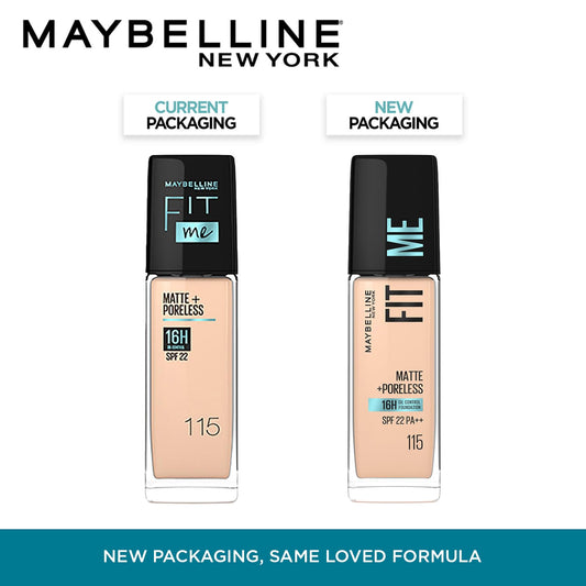 Maybelline New York Liquid Foundation For All Skin Type,Full Matte Finish, With SPF, Absorbs Oil, Fit Me Matte + Poreless, 115 Ivory, 30ml