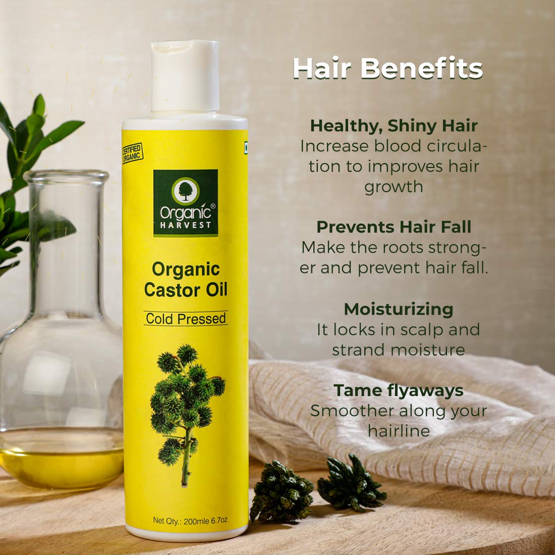 Organic Harvest Cold Pressed Castor Oil, For Moisturizing Skin, Hair & Nail Growth, Eyelash Thickening, 100% Pure, 100% Organic, Sulphate And Paraben Free – 200 ml