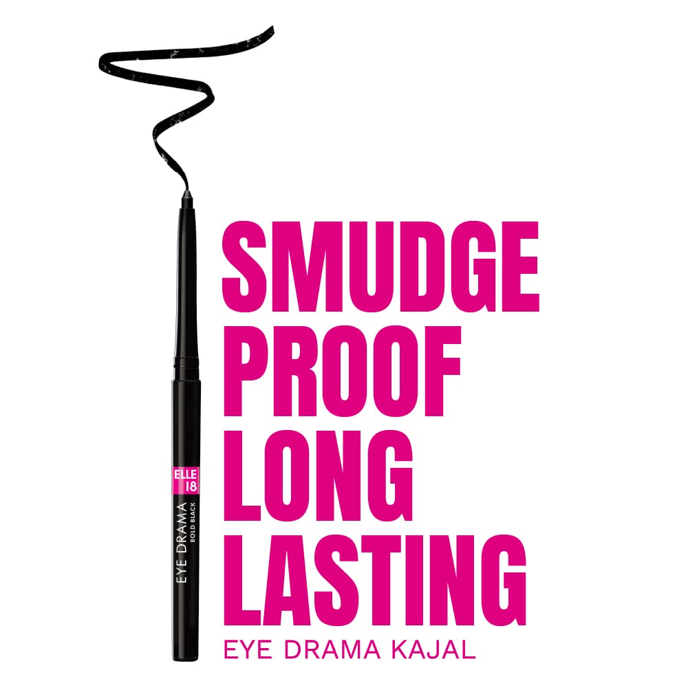 Elle 18 Eye Drama Kajal, Super Black, Smudgeproof & Waterproof, 0.35 G, Matte Finish Pencil (Pack Of 2)