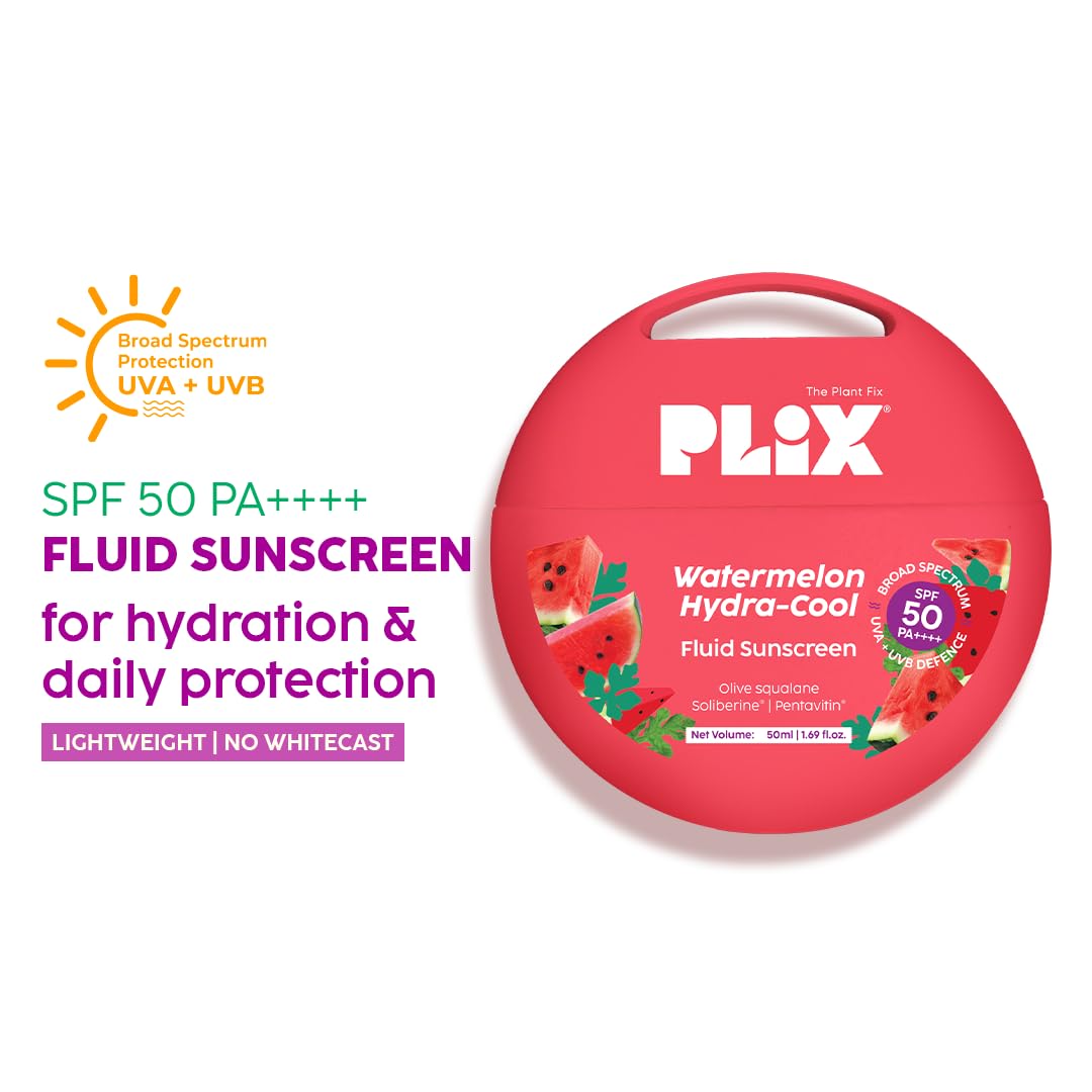 PLIX – The Plant Fix Watermelon Hydra-Cool Fluid Sunscreen with SPF 50 | PA++++ | Soliberine®, Pentavitin® & Watermelon Extract | Lightweight, Cooling & No White Cast | 50ml