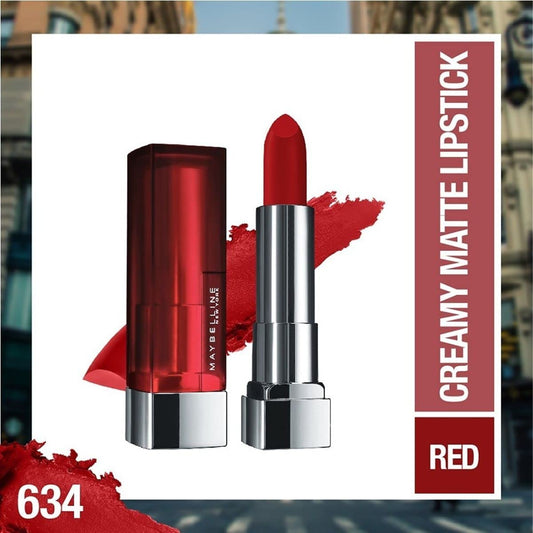 Maybelline New York Color Sensational Creamy Matte Lipstick lasts up to 12 Hours, Hydrate Lips, Rich Creamy Lipstick with Shea Butter, Comes in 42 different Shades - 634 Bold Crimson, 3.9g