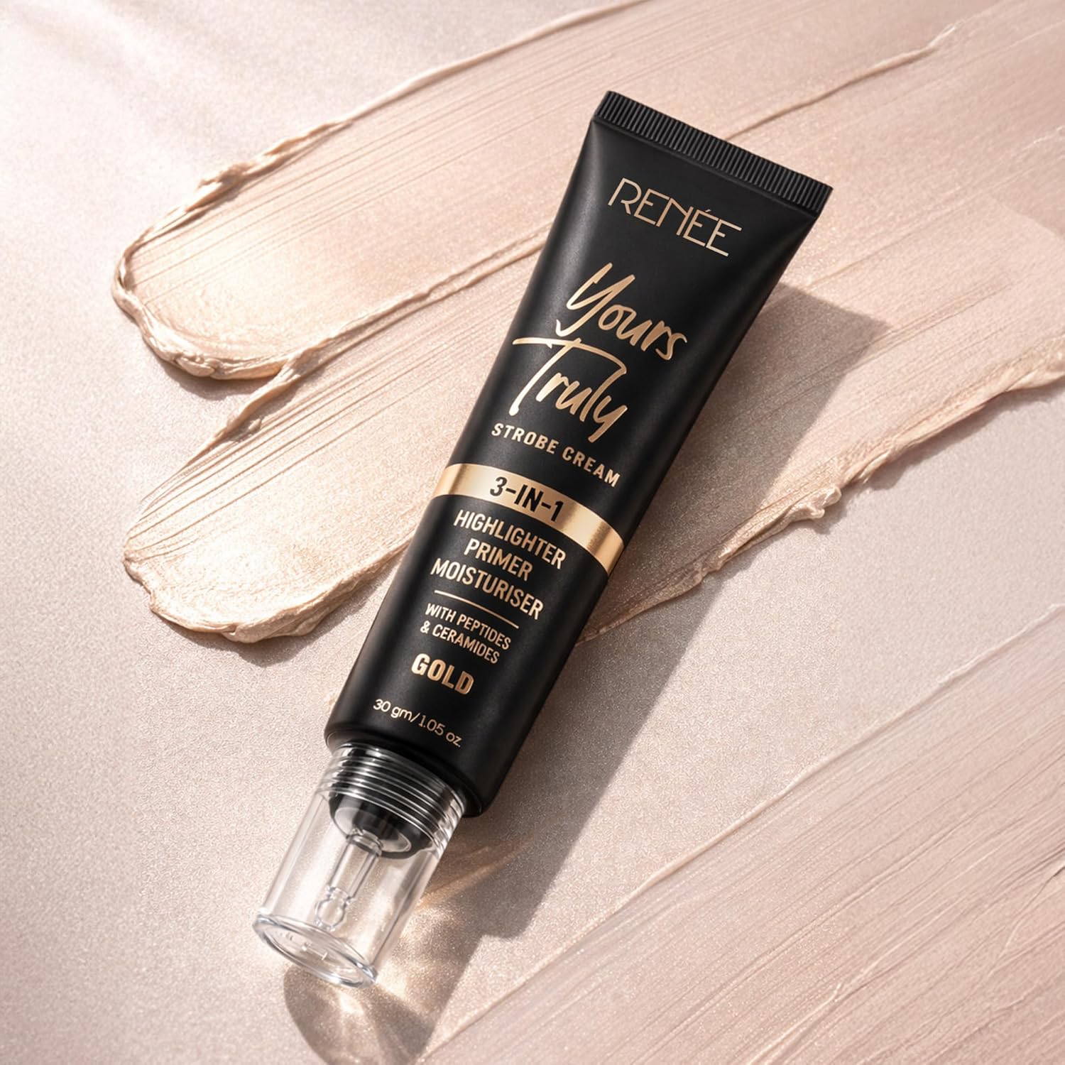 RENEE Yours Truly Strobe Cream for Face | 3 in 1 Highlighter Primer Moisturiser | Glow Cream, Lightweight, Non Sticky | Hydrating Dewy Skin Finish With Peptides | For All Skin Types | Gold - 30g
