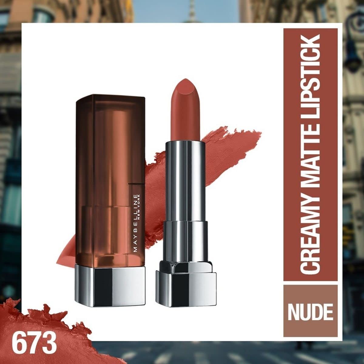 Maybelline New York Color Sensational Creamy Matte Lipstick lasts up to 12 Hours, Hydrate Lips, Creamy Lipstick with Shea Butter, Available in 42 different Shades - 673 Midtown Pink, 3.9g