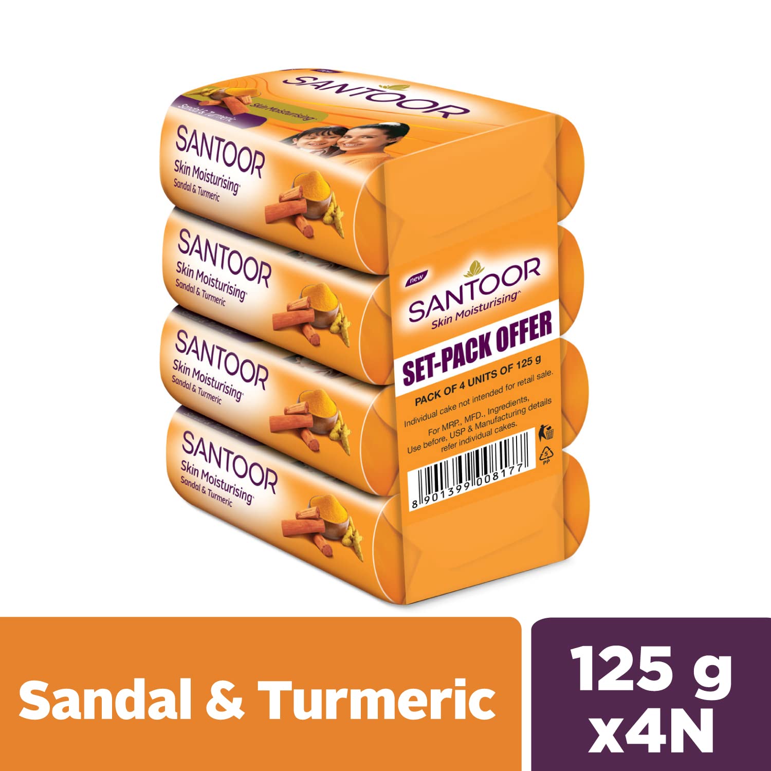 Santoor Sandal & Turmeric Soap for Total Skin Care, 125g (Pack of 4)