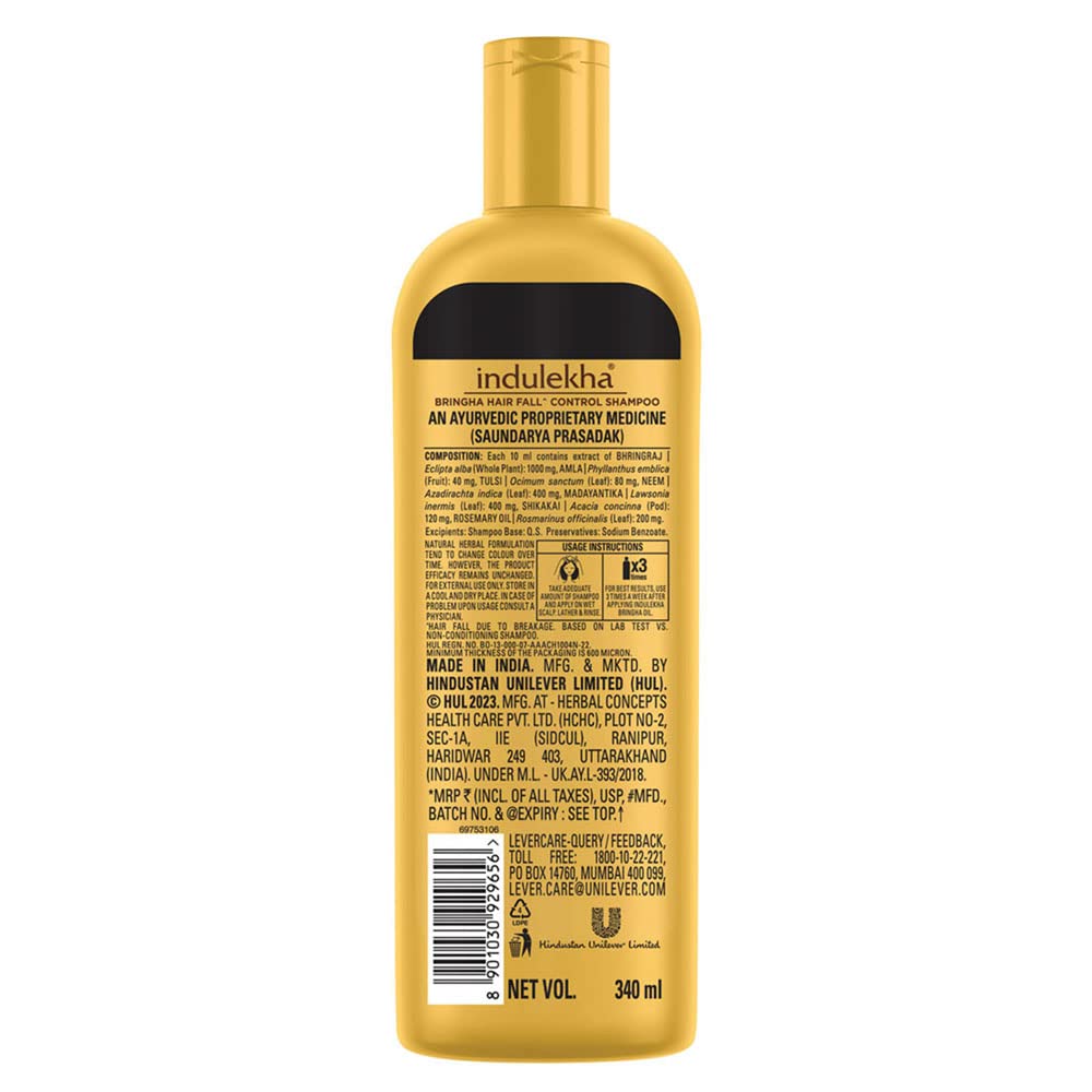 Indulekha Bringha Shampoo, Proprietary Ayurvedic Medicine For Hair Fall, Free From Parabens, Synthetic Dyes And Synthetic Perfume, 340ml (Pack of 2)