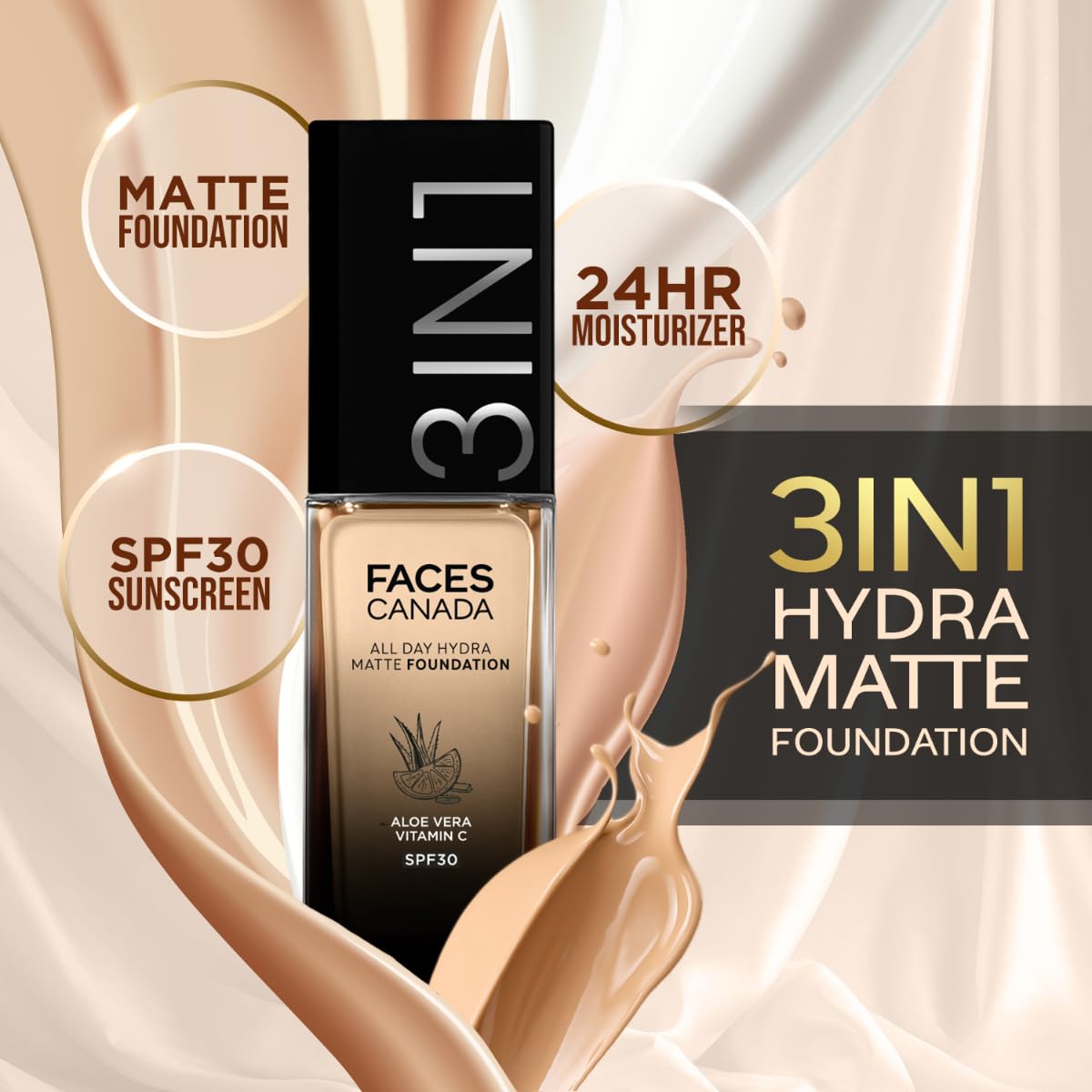 FACES CANADA All Day Hydra Matte Foundation | 3-in-1 Foundation + Moisturizer + SPF 30 | 24 HR Aloe Hydration & Vitamin C | 10HR Long Wear | Medium to High Buildable Coverage | Golden Beige 032 | 30ml