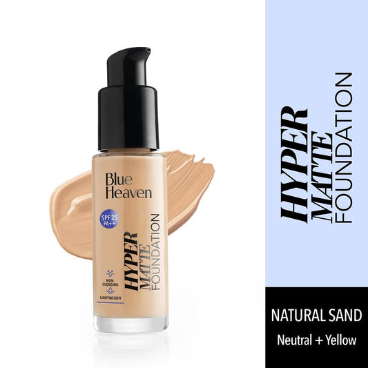 Blue Heaven Hyper Matte Foundation for Face Makeup with SPF 25 PA++, Matte Finish, Light Weight Formula, Medium Coverage for All types of Skin, Cream 103-Natural Sand, 30ml